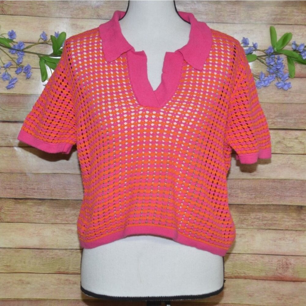 Boutique Color Block Crochet V-neck Top by KARLIE Ladies L Crop Casual Cotton